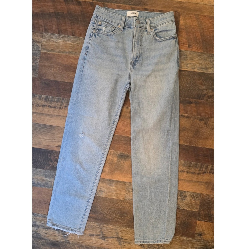 Pistola High Rise Straight Leg Jeans Light Wash Blue Distressed Raw Hem Size 25